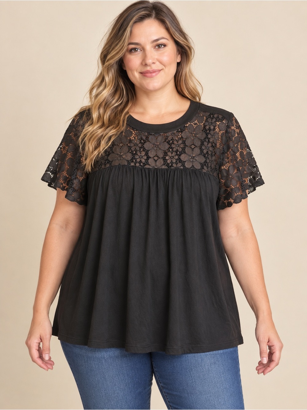 Kim & Cami Black Floral Lace Yoke Flutter Sleeve Tunic L